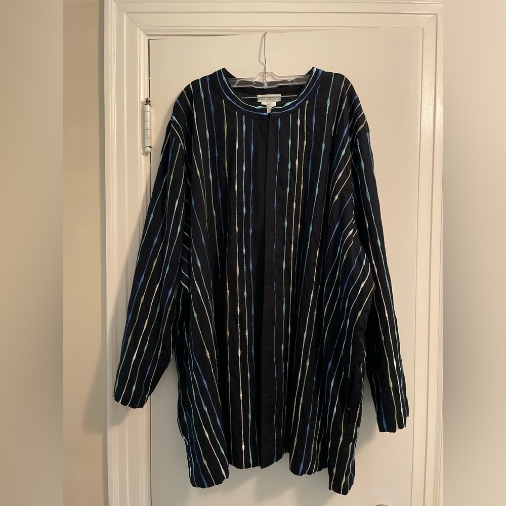 Ulla Popken Cotton Multicolor Embroidered Stripe Open Lagenlook Jacket 28/30